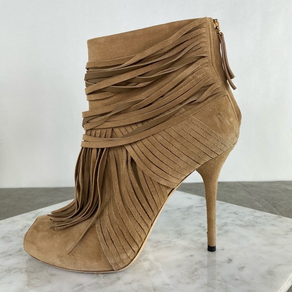 Gucci Tan Suede Fringe Open Toe Heeled Booties - Picture 10 of 12